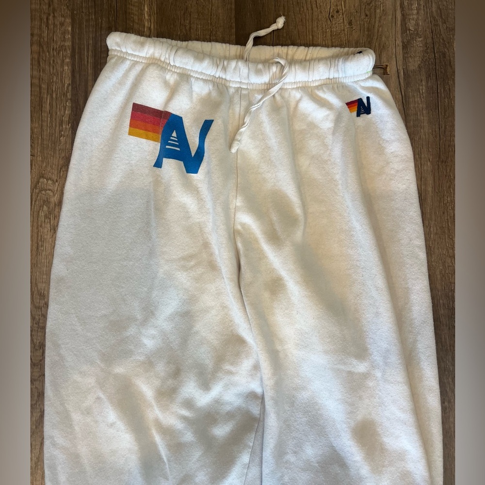 Aviator nation white Sweatpants with Rainbow and Blue Logo EUC Large - Picture 2 of 5